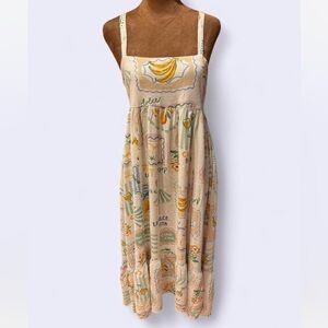 Chic Cream Linen Italian Vacation Printed Midi Dress
